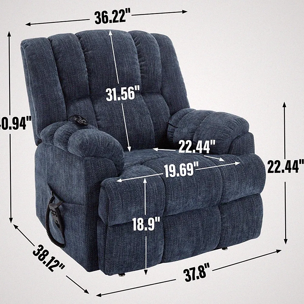 Electric Lift Recliner with Heat Massage | Dual Motor | 350 LBS Capacity | Blue