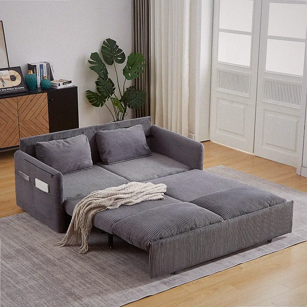 Convertible Sofa Sleeper Bed with Storage Pockets & Pillows, Grey