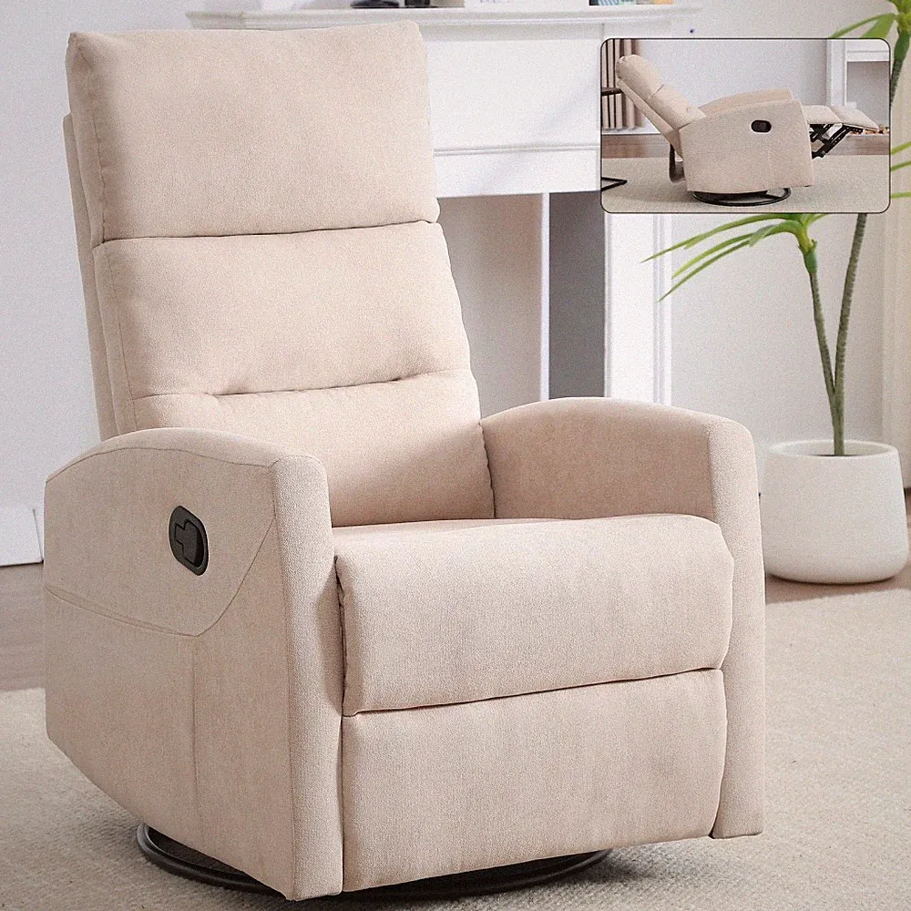Manual Recliner Chair with Rocker and Swivel in Fabric for Living Room, Beige