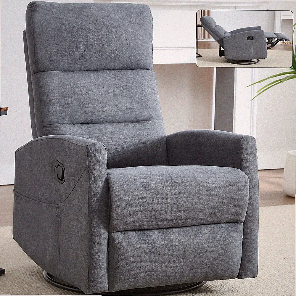 Manual Recliner Chair with Rocker & Swivel - Grey Fabric Living Room Chair