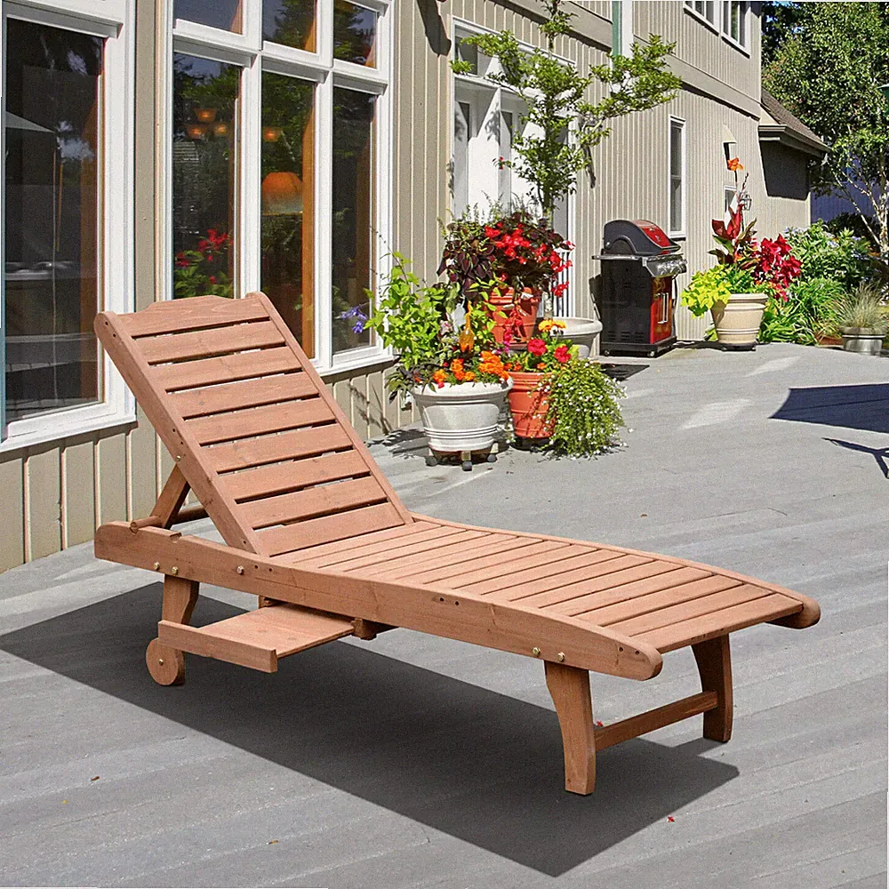 Outsunny Wooden Chaise Lounge Outdoor Patio Furniture Adjustable w/Pullout Table
