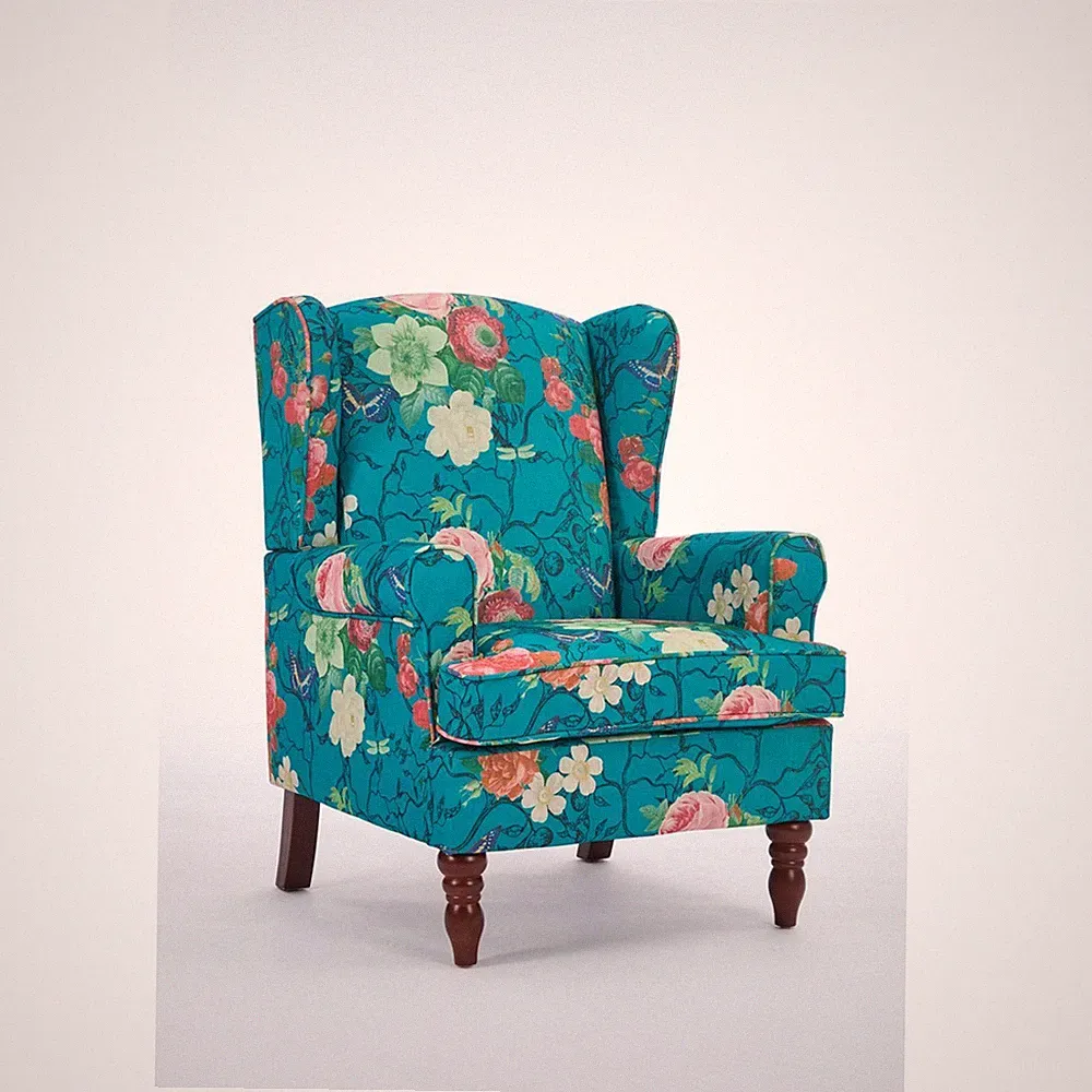 Retro Wood Leg Armchair with Bold Floral Patterns, High Comfort Design, Ideal