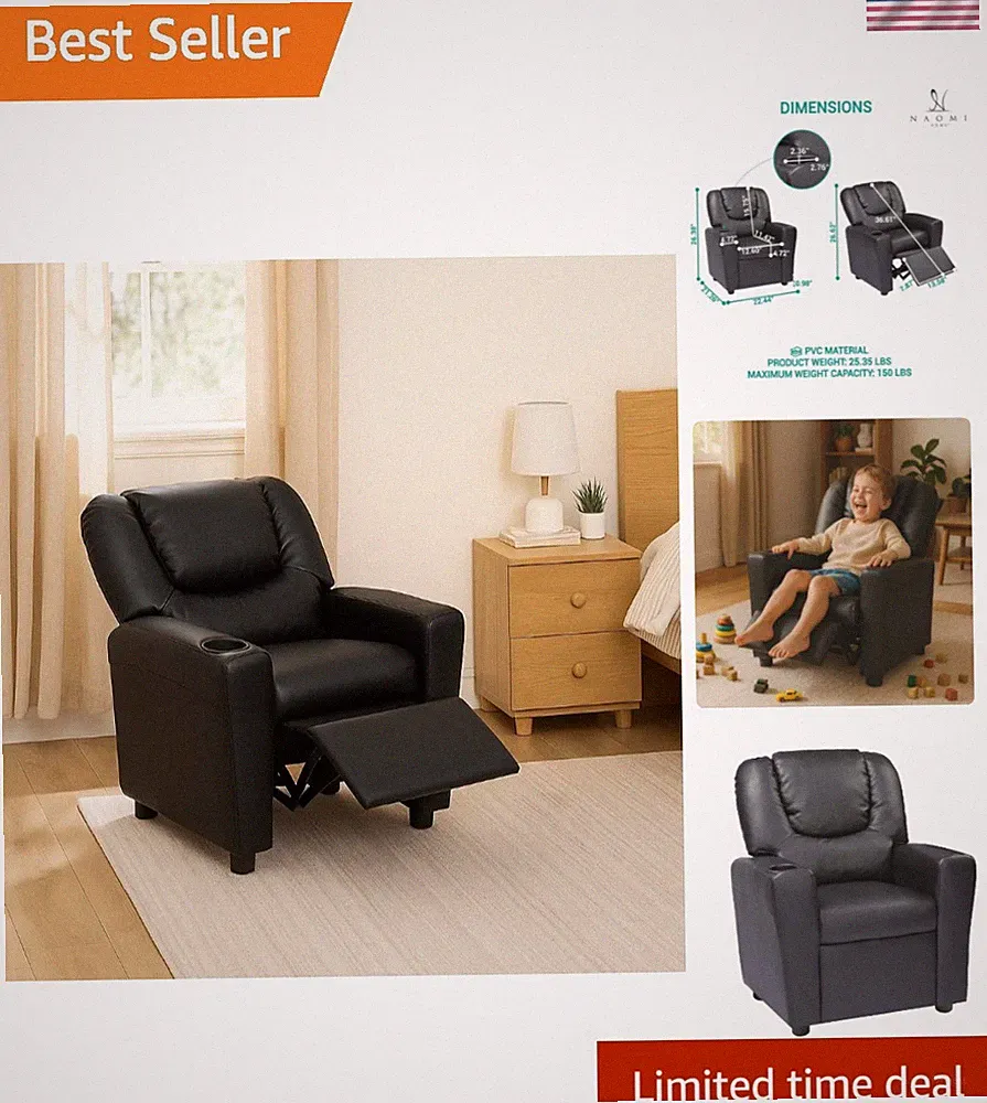 Suri Kids Recliner Chair with Cup Holder & Footrest, Built to Grow with 150 l...