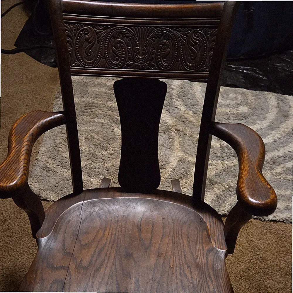 Wood Armchair with Arms, Carved Backrest, Dark Wood Tone, Brown Indoor